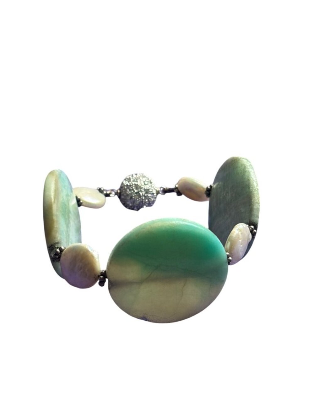Green Dyed Shell Freshwater Pearl Silvertone Beaded Bracelet Rhinestone Clasp
